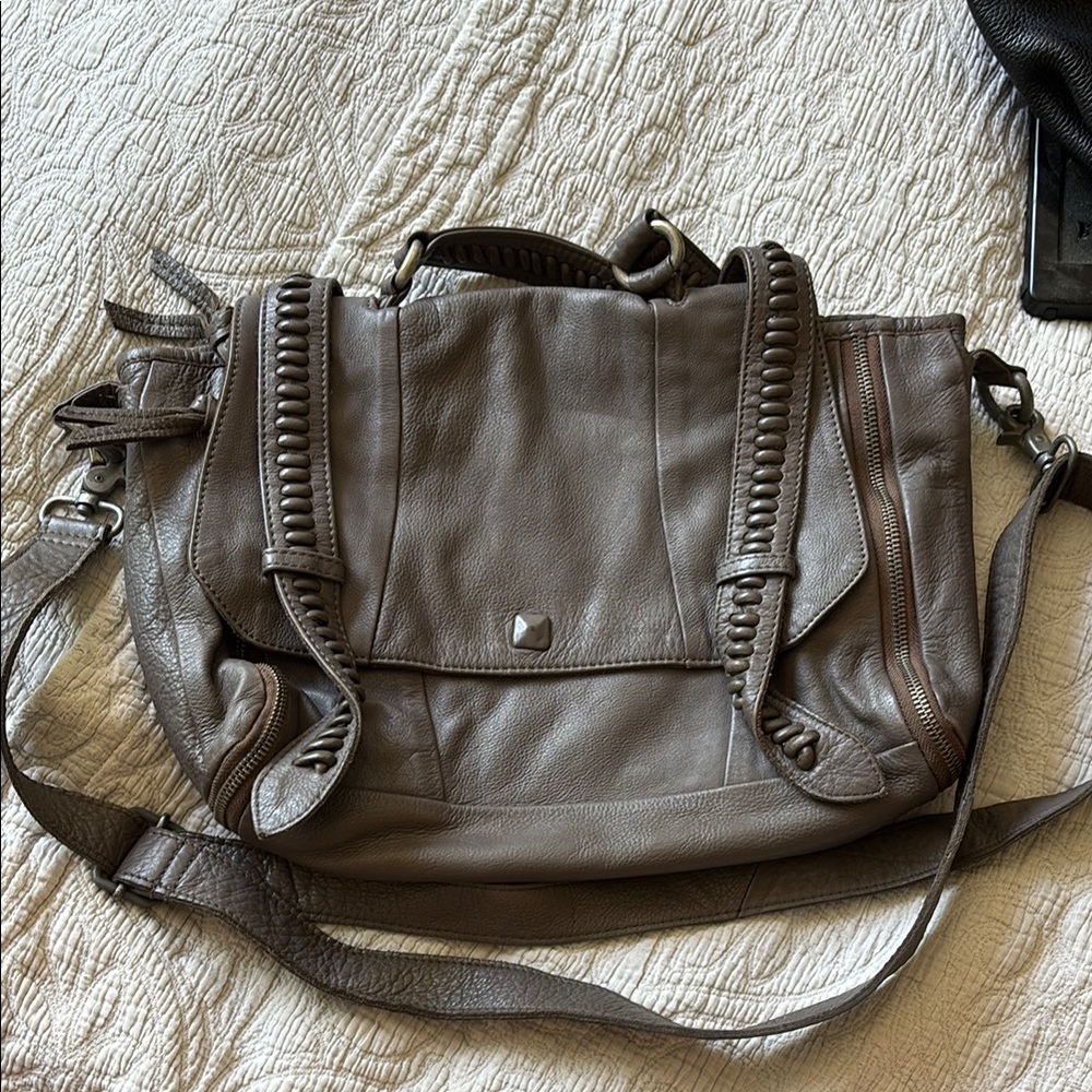 Grey Brown Leather Shoulder Bag with Adjustable Strap